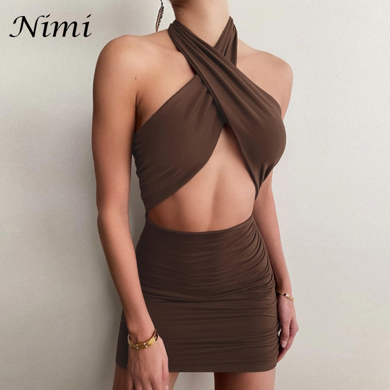 Halter Sexy Mini Summer Clothing Cross Bandage Hollow Out Party Fashion Slim Sleeveless Off Shoulder Dress The Clothing Company Sydney