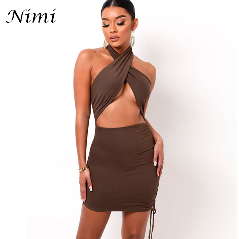 Halter Sexy Mini Summer Clothing Cross Bandage Hollow Out Party Fashion Slim Sleeveless Off Shoulder Dress The Clothing Company Sydney
