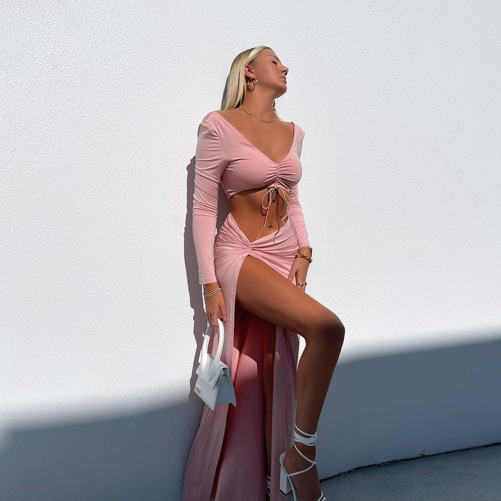 Autumn Fashion Outfits Top and Skirt Set Drawstring Ruched Long Sleeve Two Piece Set Bodycon Skirts Split The Clothing Company Sydney