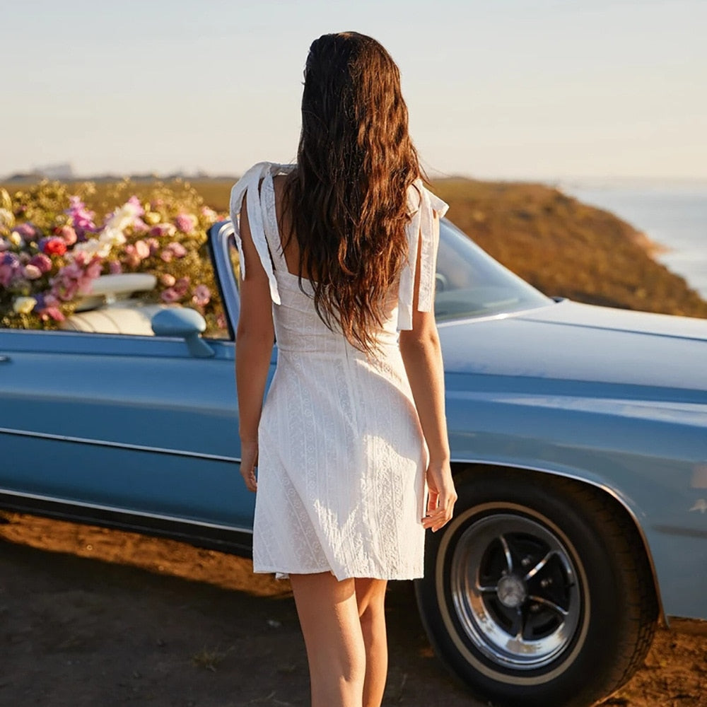 Embroidered Flower White Lace Elegant Backless Mini Dress Short Chic Boho Beach Style Summer Dress The Clothing Company Sydney