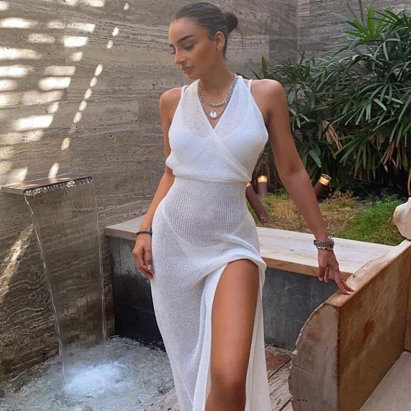 Crochet Beach Maxi See Through Plunge Backless Bandage Sleeveless Lacing Split Long Dresses The Clothing Company Sydney