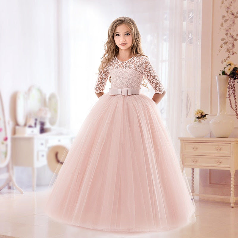 Elegant Princess Lace Dress Kids Flower Embroidery Girls Vintage Children Dresses for Christmas Party Red Ball Gown The Clothing Company Sydney