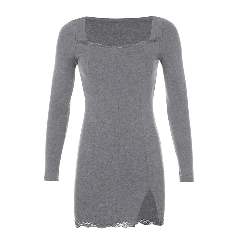 Square Neck Lace Patchwork Bodycon Black Elegant Cotton Fashion Side Split Autumn Dress The Clothing Company Sydney