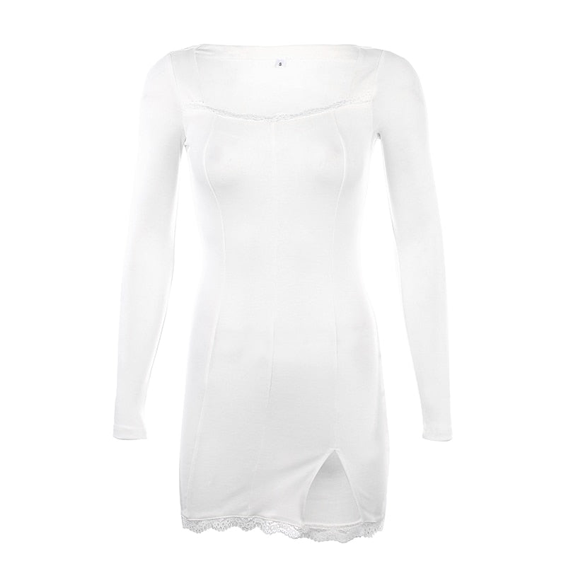 Square Neck Lace Patchwork Bodycon Black Elegant Cotton Fashion Side Split Autumn Dress The Clothing Company Sydney