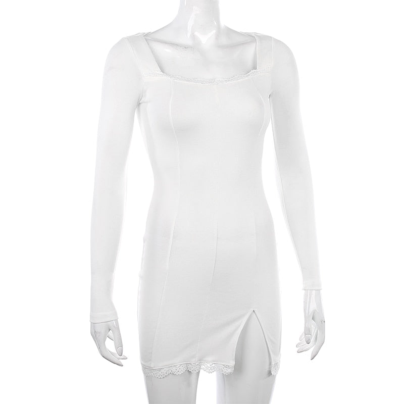 Square Neck Lace Patchwork Bodycon Black Elegant Cotton Fashion Side Split Autumn Dress The Clothing Company Sydney