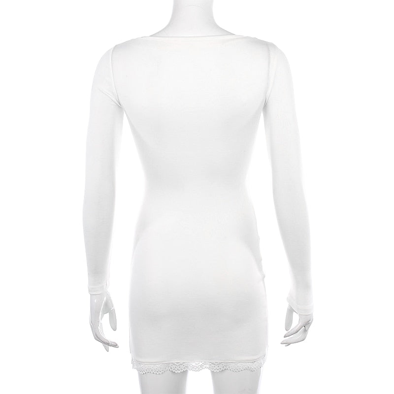 Square Neck Lace Patchwork Bodycon Black Elegant Cotton Fashion Side Split Autumn Dress The Clothing Company Sydney