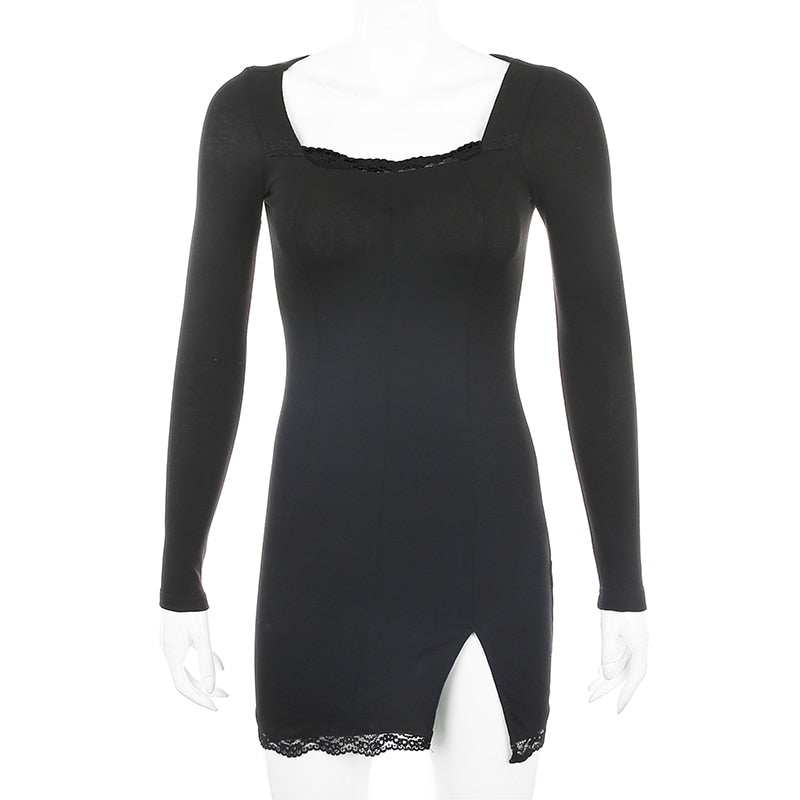 Square Neck Lace Patchwork Bodycon Black Elegant Cotton Fashion Side Split Autumn Dress The Clothing Company Sydney