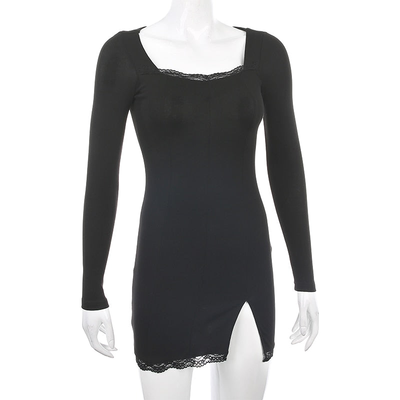 Square Neck Lace Patchwork Bodycon Black Elegant Cotton Fashion Side Split Autumn Dress The Clothing Company Sydney