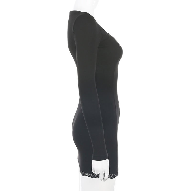 Square Neck Lace Patchwork Bodycon Black Elegant Cotton Fashion Side Split Autumn Dress The Clothing Company Sydney