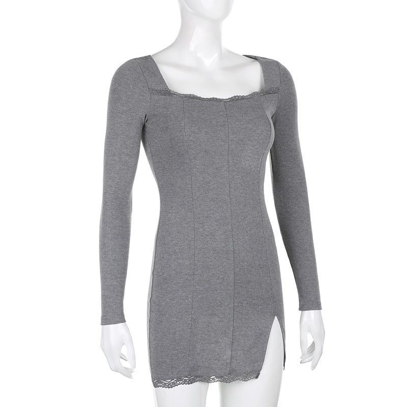 Square Neck Lace Patchwork Bodycon Black Elegant Cotton Fashion Side Split Autumn Dress The Clothing Company Sydney