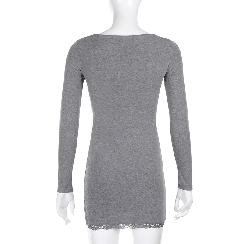 Square Neck Lace Patchwork Bodycon Black Elegant Cotton Fashion Side Split Autumn Dress The Clothing Company Sydney