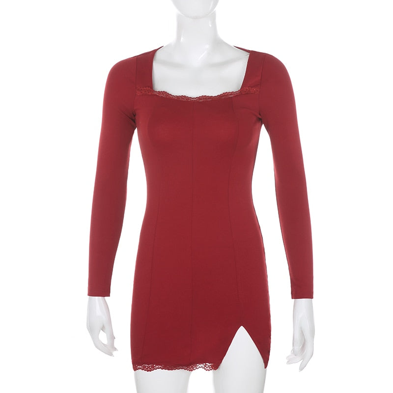 Square Neck Lace Patchwork Bodycon Black Elegant Cotton Fashion Side Split Autumn Dress The Clothing Company Sydney