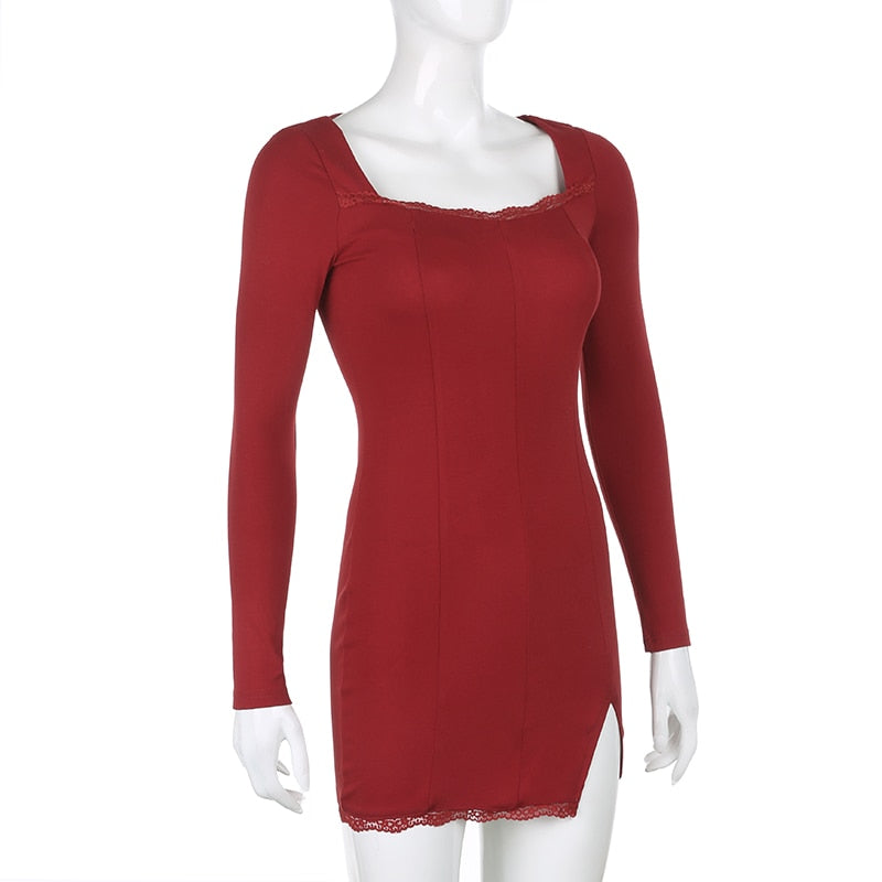 Square Neck Lace Patchwork Bodycon Black Elegant Cotton Fashion Side Split Autumn Dress The Clothing Company Sydney