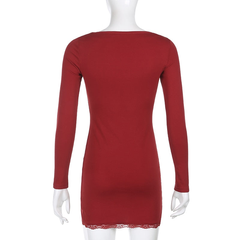 Square Neck Lace Patchwork Bodycon Black Elegant Cotton Fashion Side Split Autumn Dress The Clothing Company Sydney