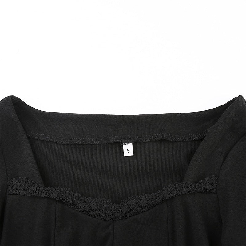 Square Neck Lace Patchwork Bodycon Black Elegant Cotton Fashion Side Split Autumn Dress The Clothing Company Sydney