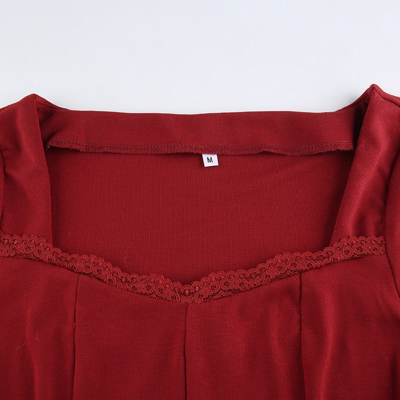 Square Neck Lace Patchwork Bodycon Black Elegant Cotton Fashion Side Split Autumn Dress The Clothing Company Sydney