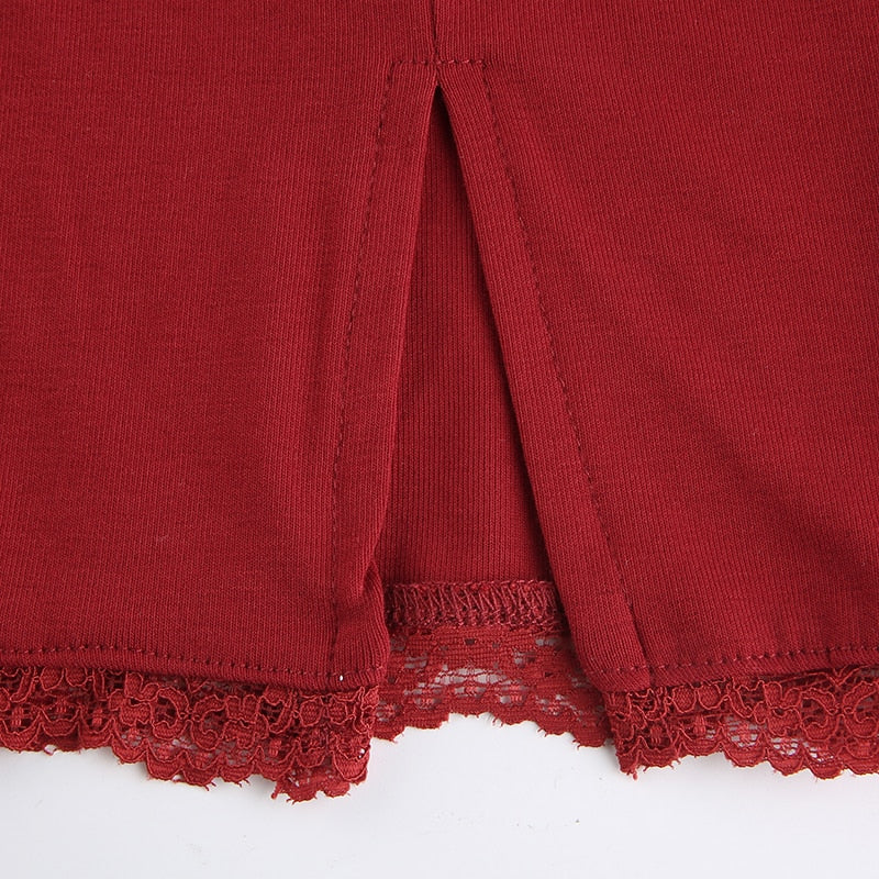 Square Neck Lace Patchwork Bodycon Black Elegant Cotton Fashion Side Split Autumn Dress The Clothing Company Sydney