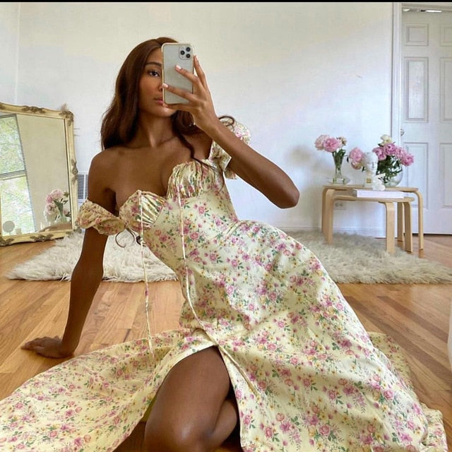 Floral Print Elegant Short Sleeve Split Dress The Clothing Company Sydney