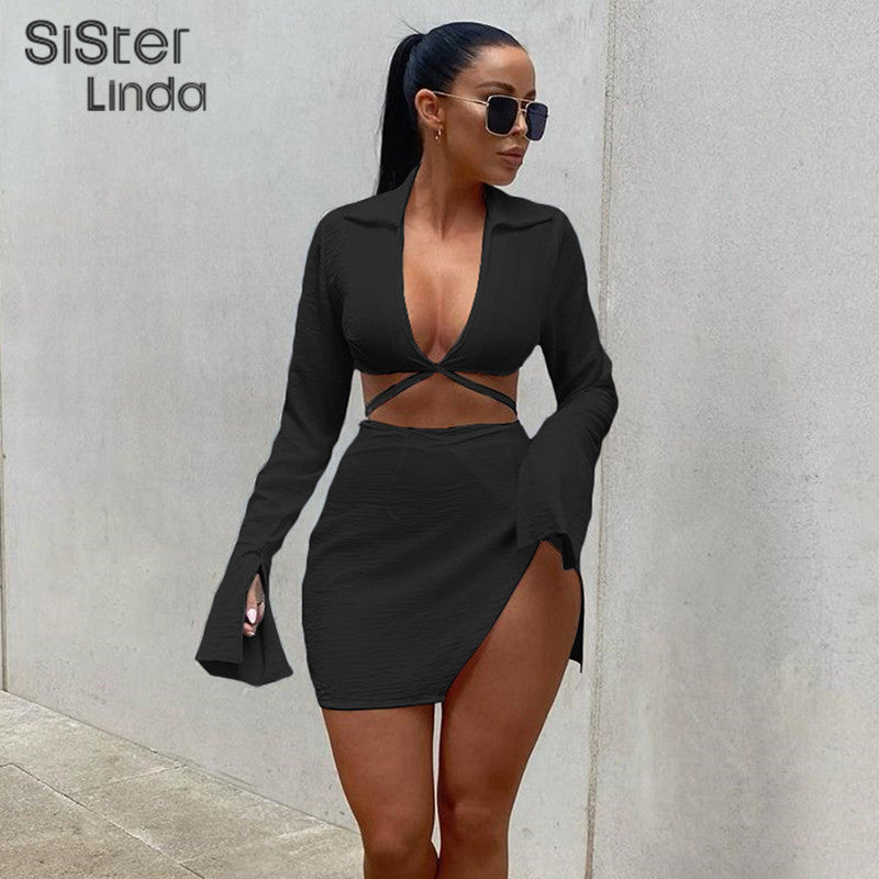 Autumn Casual Two Piece Skirts Sets Long Lantern Sleeve Lace Up Tops+Side Slit Mini Skirts Outfits The Clothing Company Sydney