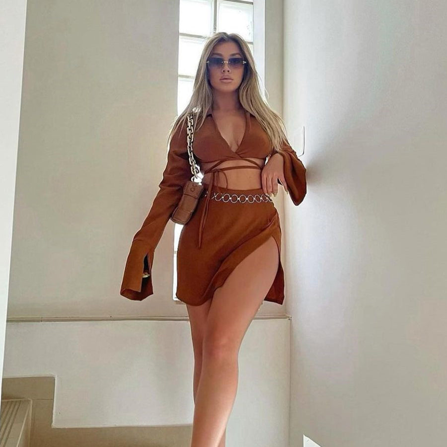 Autumn Casual Two Piece Skirts Sets Long Lantern Sleeve Lace Up Tops+Side Slit Mini Skirts Outfits The Clothing Company Sydney