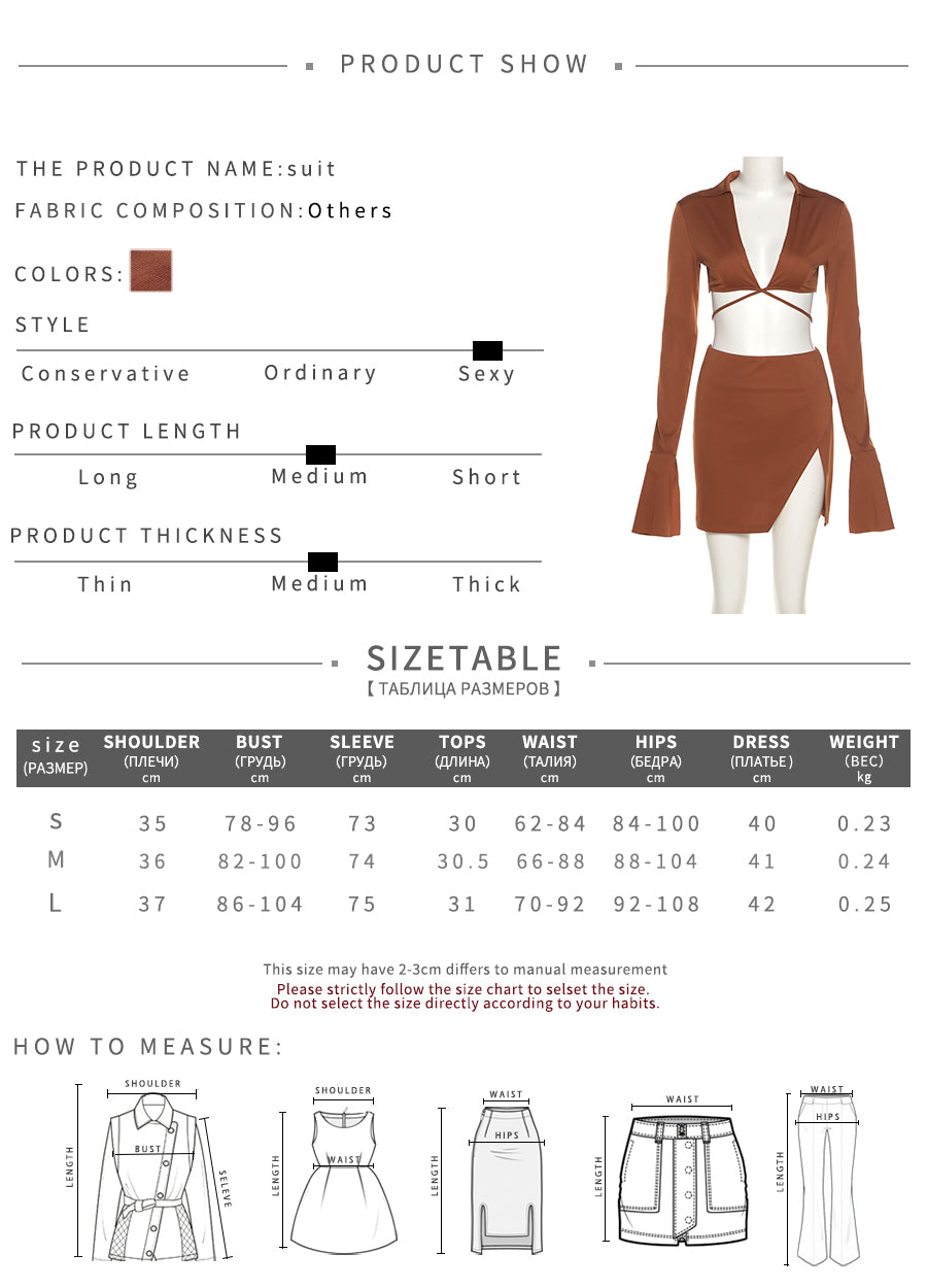 Autumn Casual Two Piece Skirts Sets Long Lantern Sleeve Lace Up Tops+Side Slit Mini Skirts Outfits The Clothing Company Sydney