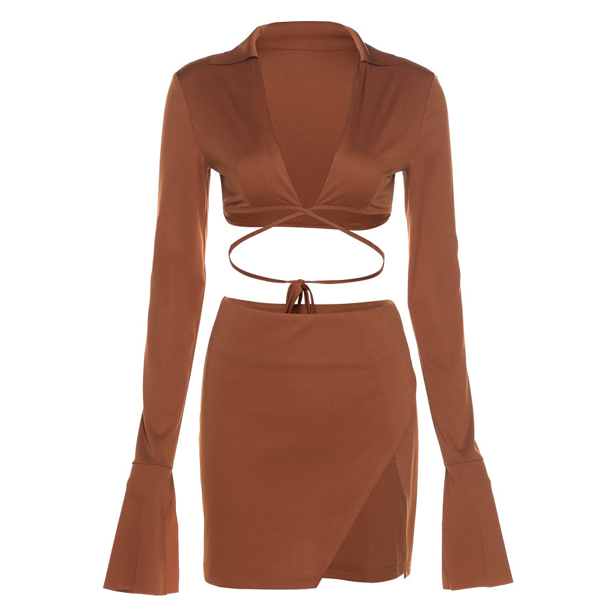 Autumn Casual Two Piece Skirts Sets Long Lantern Sleeve Lace Up Tops+Side Slit Mini Skirts Outfits The Clothing Company Sydney