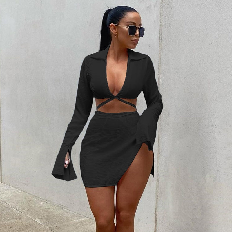 Autumn Casual Two Piece Skirts Sets Long Lantern Sleeve Lace Up Tops+Side Slit Mini Skirts Outfits The Clothing Company Sydney