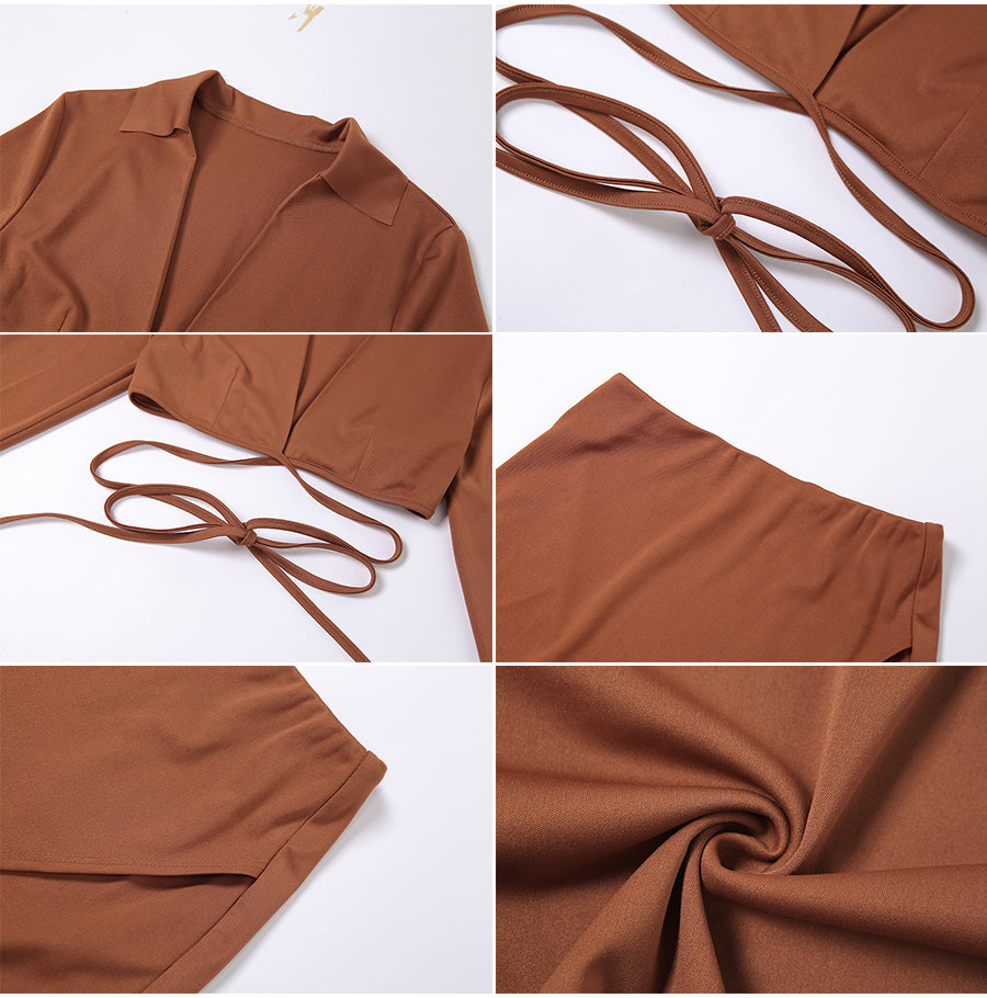 Autumn Casual Two Piece Skirts Sets Long Lantern Sleeve Lace Up Tops+Side Slit Mini Skirts Outfits The Clothing Company Sydney