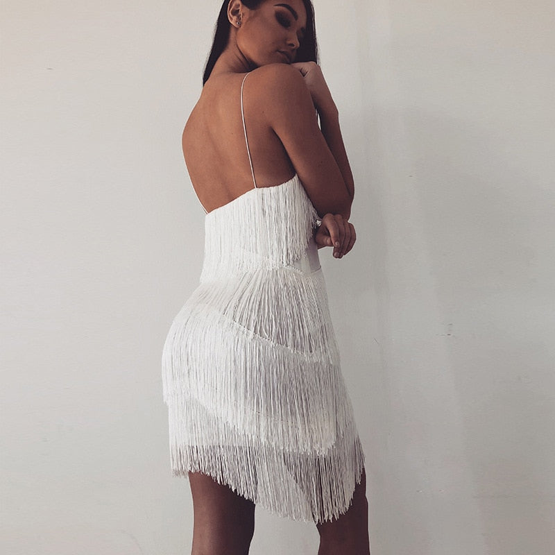 Deep V Neck Tassel Mini Slim Spaghetti Strap Low Cut Backless Bodycon Night Club Party Vestido Dress The Clothing Company Sydney