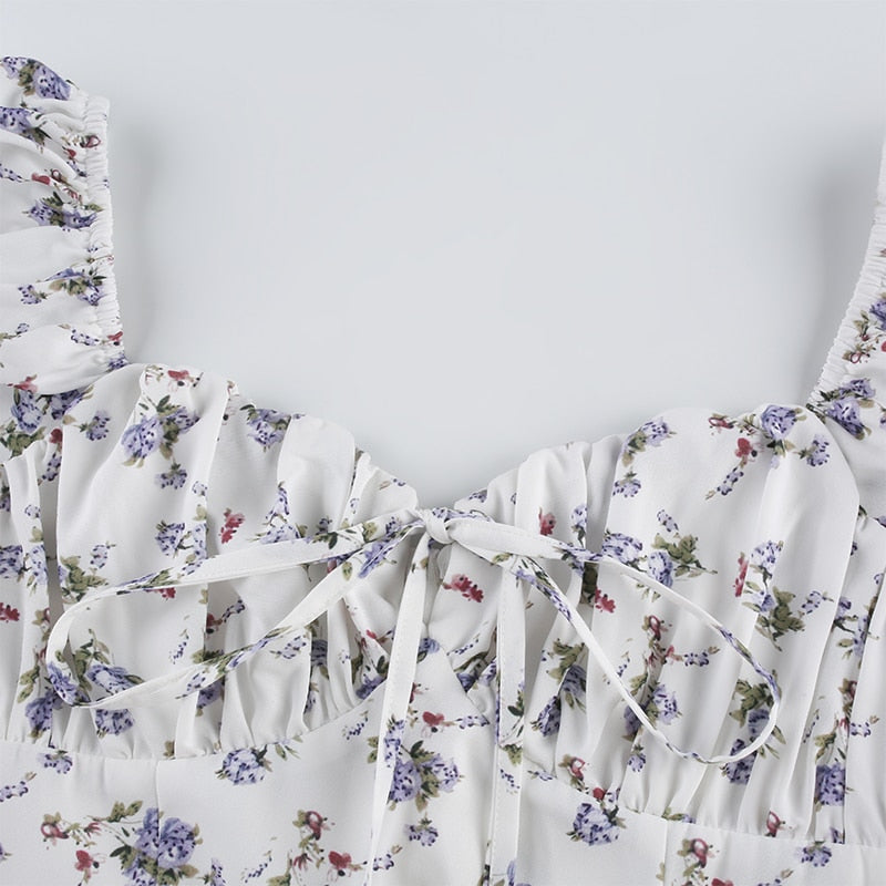 White Floral Bandage Ruched Office Puff  Sleeve High Street A line Summer Casual Mini Dress The Clothing Company Sydney