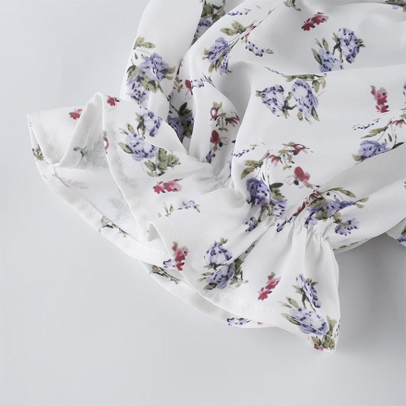 White Floral Bandage Ruched Office Puff  Sleeve High Street A line Summer Casual Mini Dress The Clothing Company Sydney