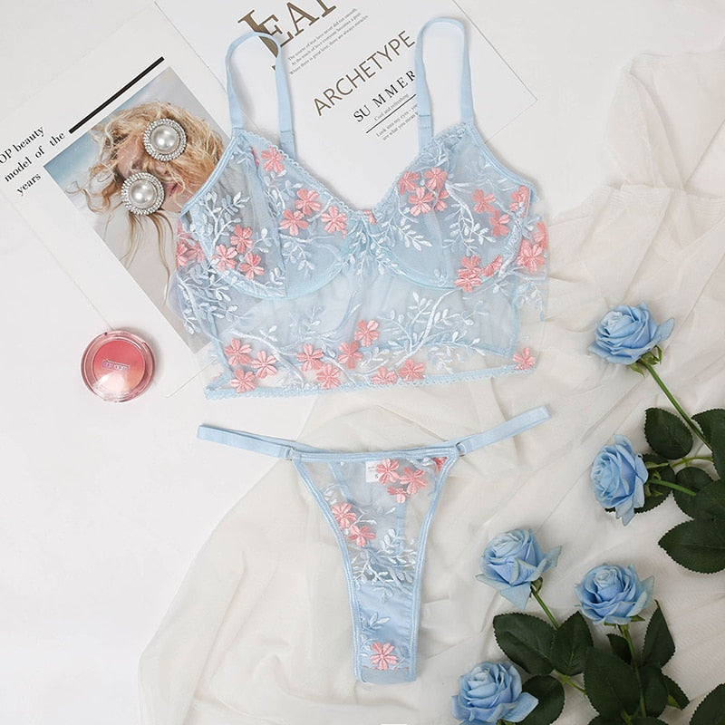 2 Piece Floral Embroidery Lingerie See Through Underwear Transparent Lingerie Lace Bra Thong Brief Set The Clothing Company Sydney