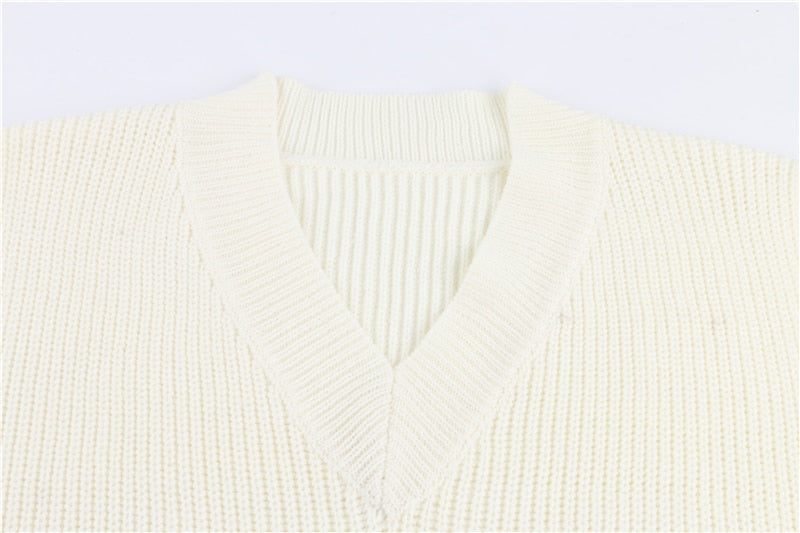 V Neck Sleeveless Sweater Vest Knitted Jumper Autumn Winter Split White Preppy Pullover Loose Top The Clothing Company Sydney