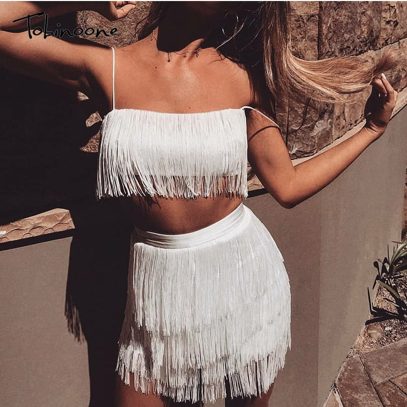 2 Piece Summer Tassel Elegant Club Party Off Shoulder Tassel Embellished Mini Fringe Dress The Clothing Company Sydney