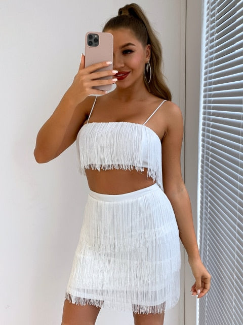 2 Piece Summer Tassel Elegant Club Party Off Shoulder Tassel Embellished Mini Fringe Dress The Clothing Company Sydney