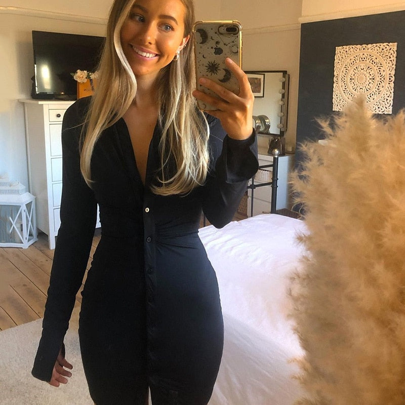 Turn-Down Collar Green Shirt Club Party Long Sleeve Button Mini Dress Spring Streetwear The Clothing Company Sydney