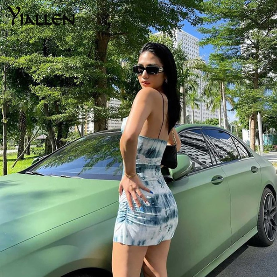 Summer Knit Sling Sleeveless Side Drawstring Casual Printing Street Slim MIni Dresses The Clothing Company Sydney