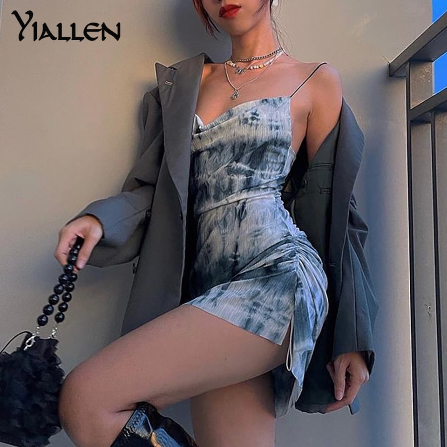 Summer Knit Sling Sleeveless Side Drawstring Casual Printing Street Slim MIni Dresses The Clothing Company Sydney