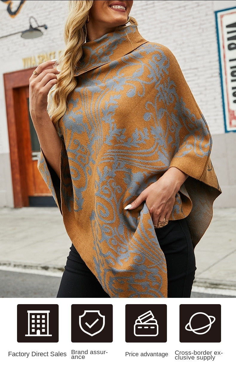 Autumn Winter Print Sweater Oversized Turtleneck Jumper Knitwear Vintage Cape Batwing Sleeve Poncho Pullover The Clothing Company Sydney