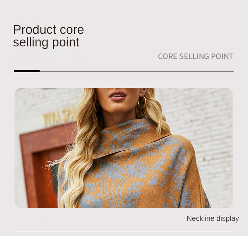 Autumn Winter Print Sweater Oversized Turtleneck Jumper Knitwear Vintage Cape Batwing Sleeve Poncho Pullover The Clothing Company Sydney