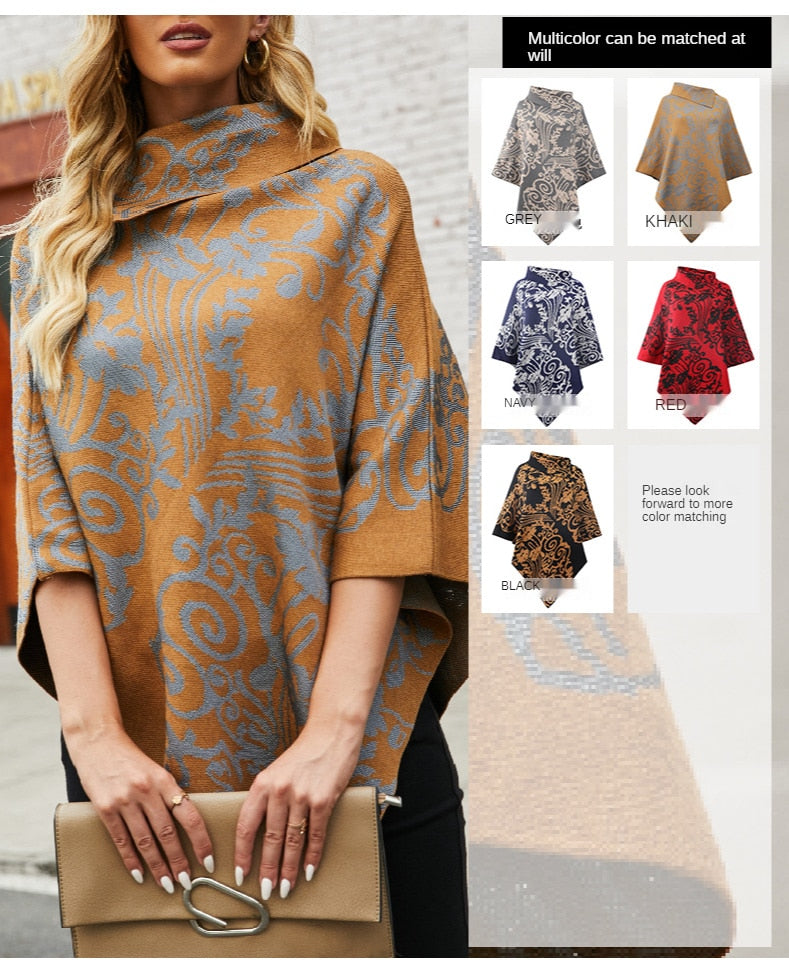 Autumn Winter Print Sweater Oversized Turtleneck Jumper Knitwear Vintage Cape Batwing Sleeve Poncho Pullover The Clothing Company Sydney