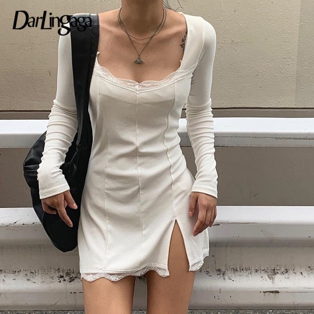 Square Neck Lace Patchwork Bodycon Black Elegant Cotton Fashion Side Split Autumn Dress The Clothing Company Sydney