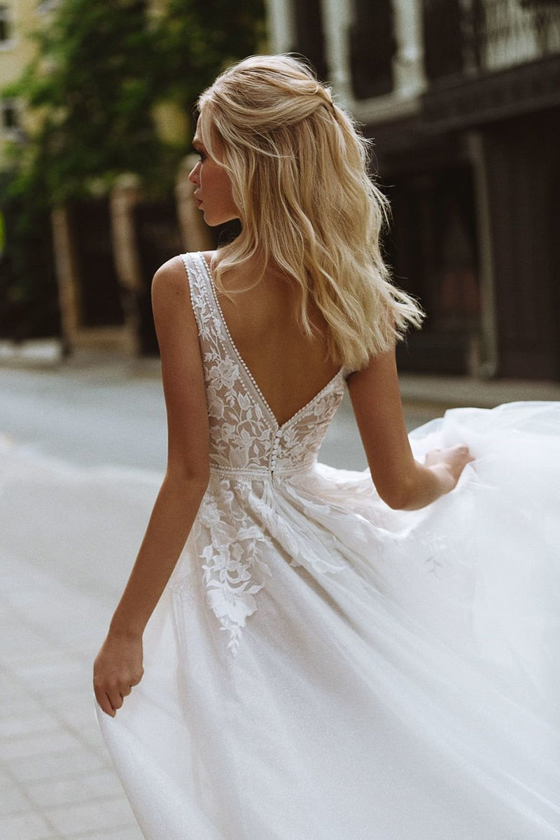 Deep V-Neck Lace Pearls Buttons Back A-Line Formal Gown Beach Bridal Wedding Dress The Clothing Company Sydney