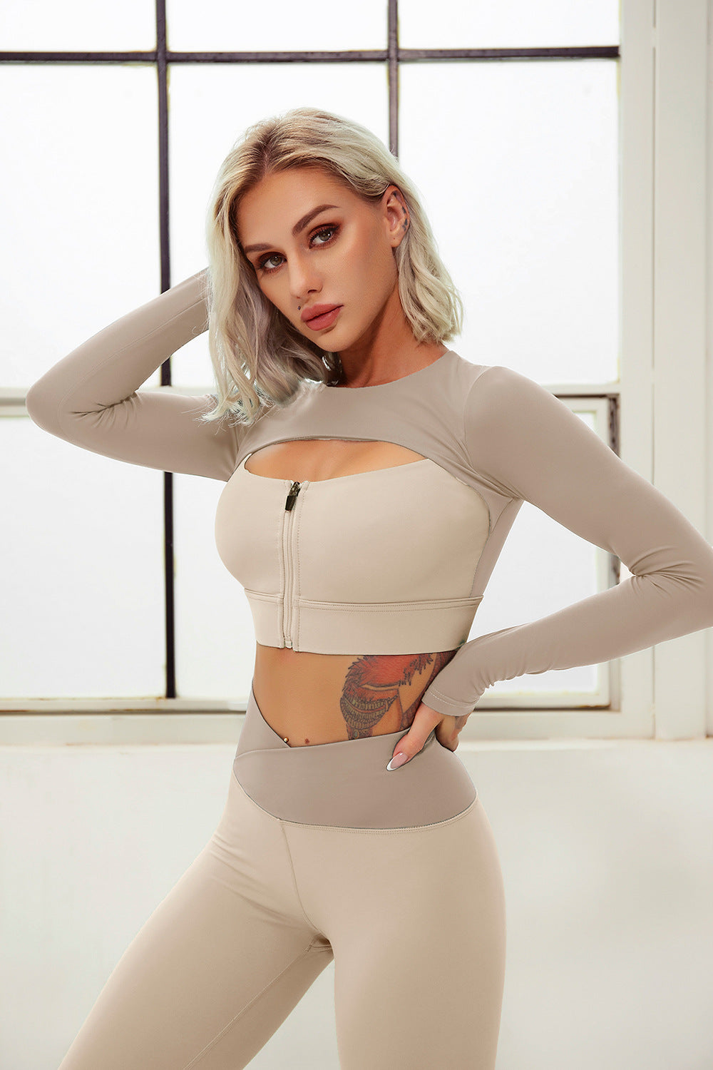 2 Piece Yoga Sets Zipper Crop Top Layered Long Sleeve Crop Top High Waisted Wrap V Waist Leggings The Clothing Company Sydney