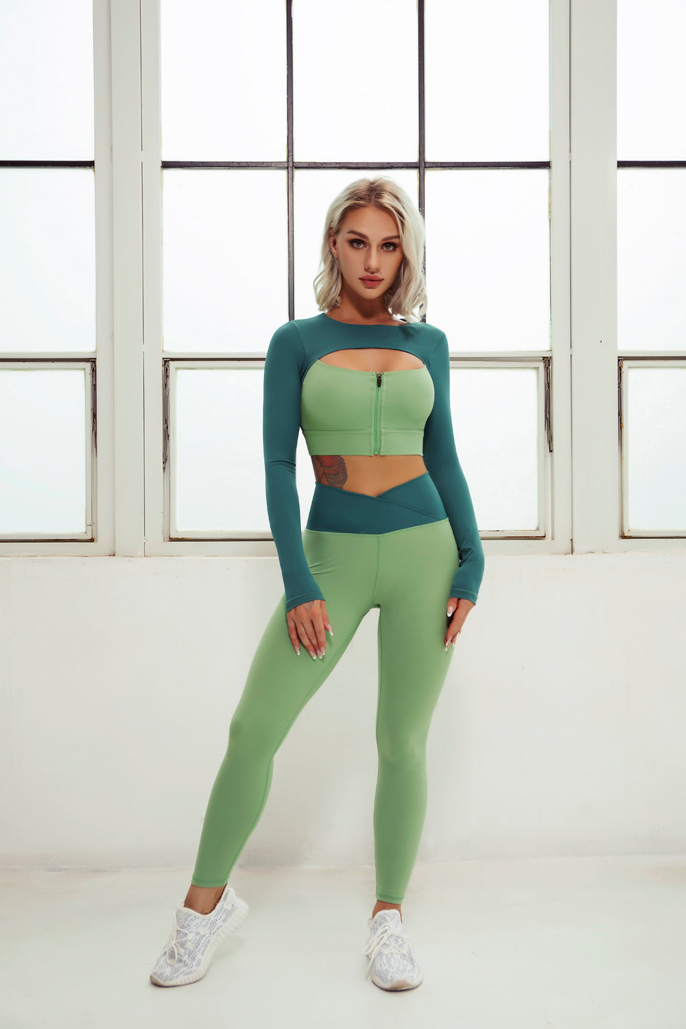 2 Piece Yoga Sets Zipper Crop Top Layered Long Sleeve Crop Top High Waisted Wrap V Waist Leggings The Clothing Company Sydney