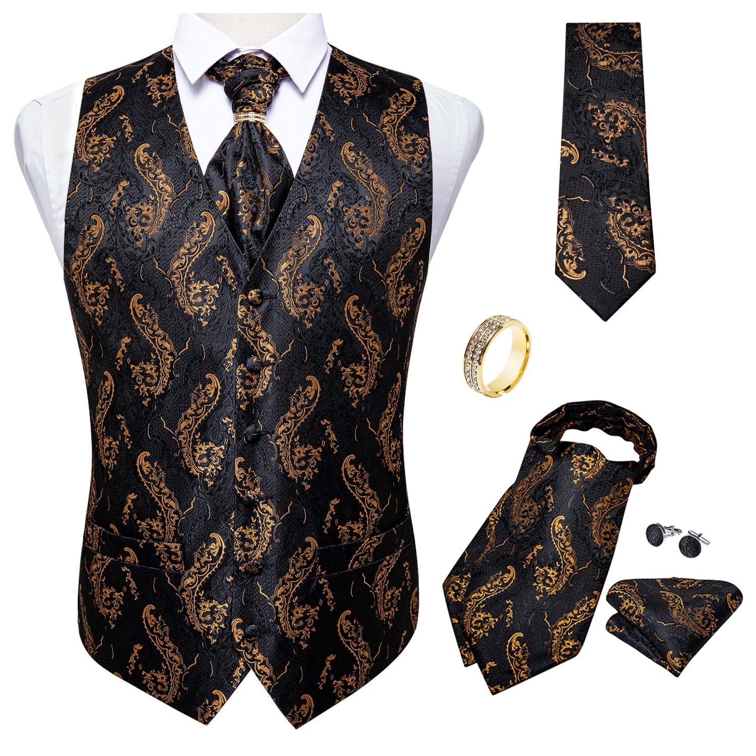 5 Piece Men Gold Paisley Silk Waistcoat Ascot Tie Pocket Square Necktie Ring Set Wedding Formal Dress Vests Set The Clothing Company Sydney