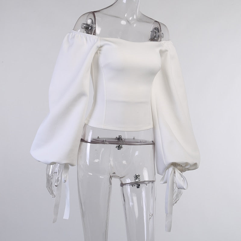 Elegant T Shirt Slash Neck Lantern Sleeve Bandage Solid White Tops Autumn Casual Slim Office Top The Clothing Company Sydney
