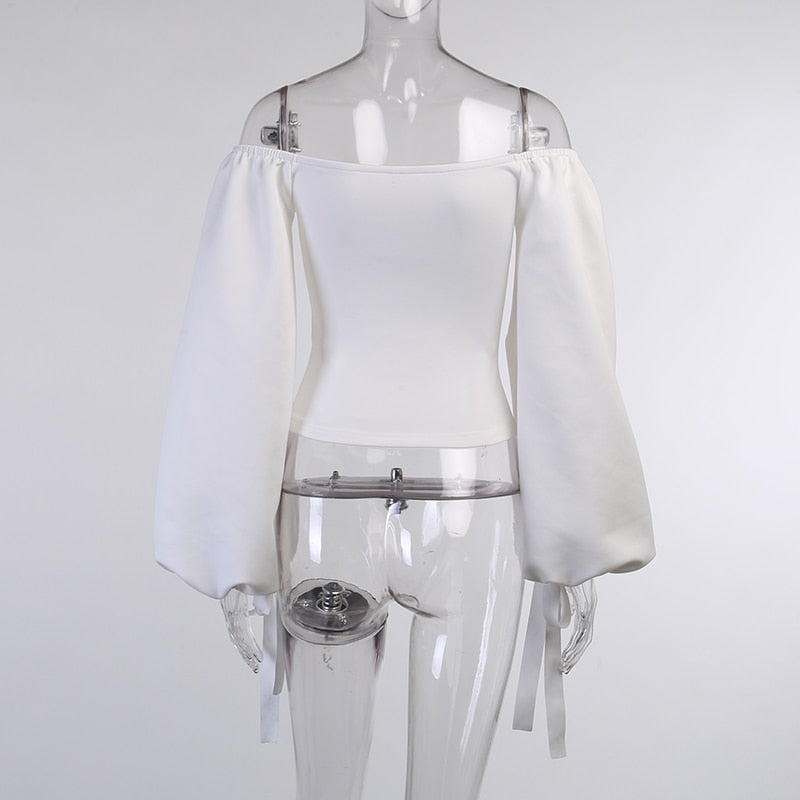 Elegant T Shirt Slash Neck Lantern Sleeve Bandage Solid White Tops Autumn Casual Slim Office Top The Clothing Company Sydney