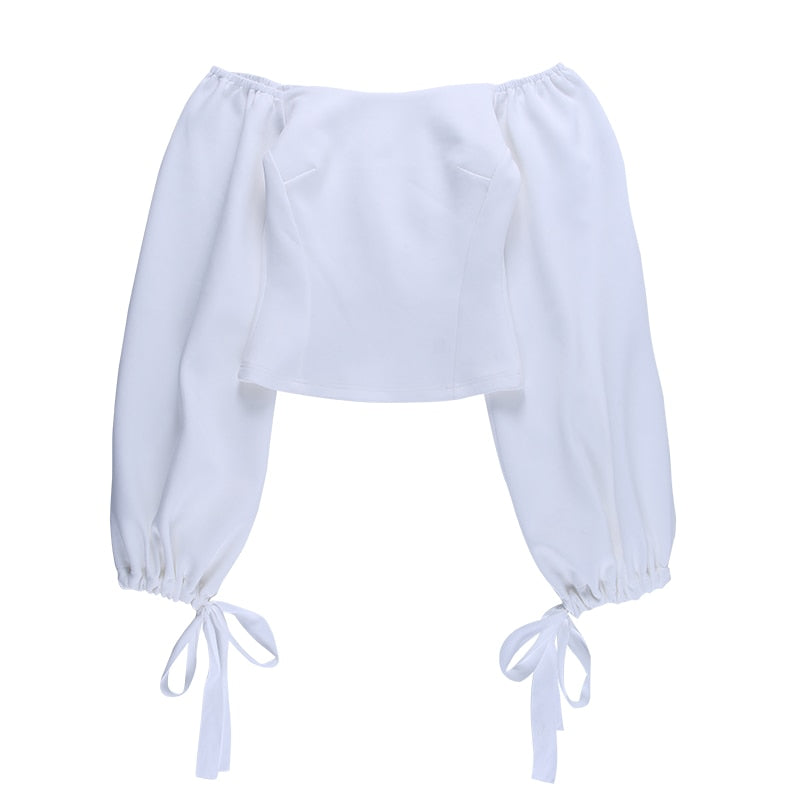 Elegant T Shirt Slash Neck Lantern Sleeve Bandage Solid White Tops Autumn Casual Slim Office Top The Clothing Company Sydney