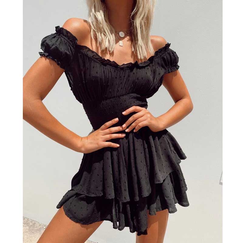 Boho Inspired shirred ruffled neckline tiered mini summer dress rayon cute puff sleeve boho dress The Clothing Company Sydney
